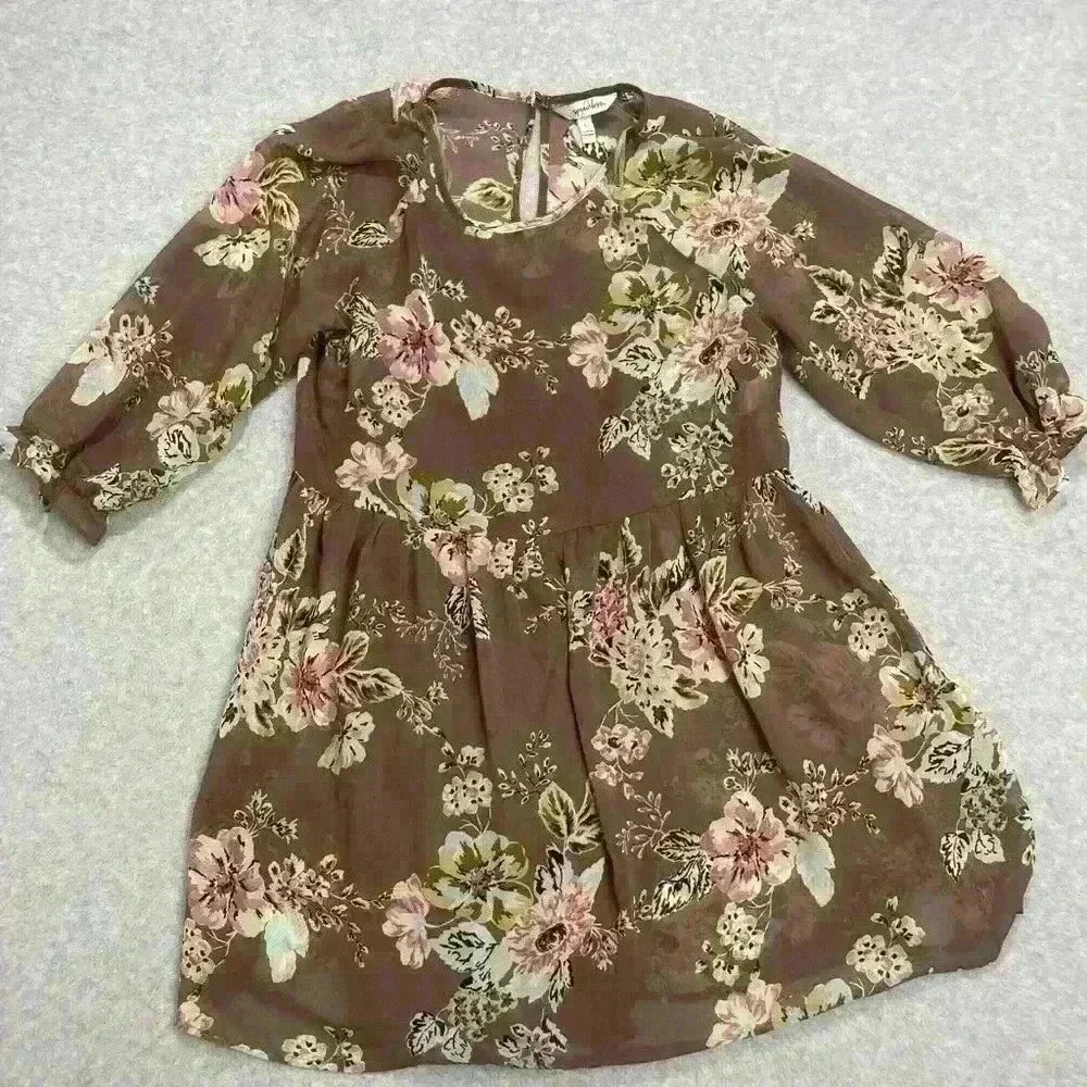 Lott of Love Women’s Large Sheer Lined Brown Flower Mini Dress Boho Hippie